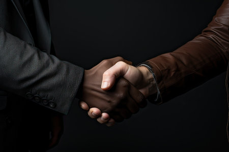 A strong handshake between a European and a black man. The end of peace and cooperation.の素材