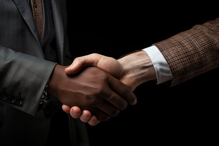 A European man shakes hands with his black partner. The end of peace and cooperation.の素材