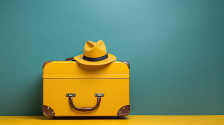 A yellow hat on a yellow suitcase on a blue background. The end of the journey.の素材