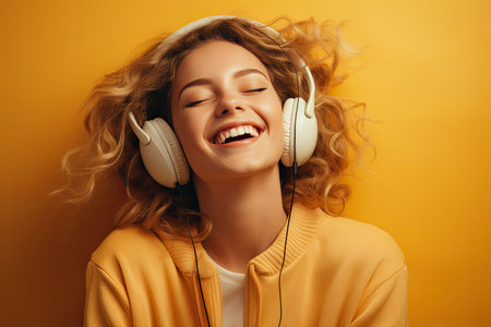 A young happy girl wearing headphones on a yellow background. Listening to music in a cozy home environment.の素材