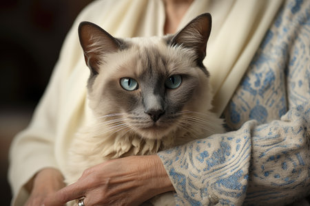 A light Siamese cat in the arms of an elderly woman. An elderly man's pet.の素材