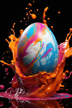 The process of creatively coloring an egg with bright colors on a dark background. Creative Easter.の素材