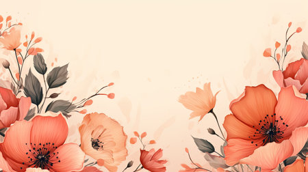 A postcard with big beautiful flowers on a peach background. The postcard is in a fashionable color.の素材