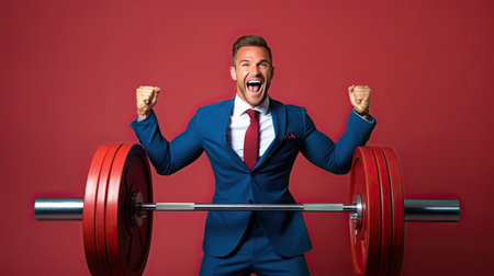 A happy businessman in a business suit with a barbell. The concept of achievement and success.の素材