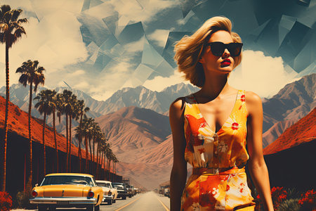 Collage of a beautiful girl on the background of a number of cars and a mountain landscape. Cinematic retro style.の素材