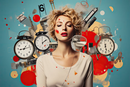 A sleepy beautiful woman on an abstract background with a clock. The concept of time management.の素材