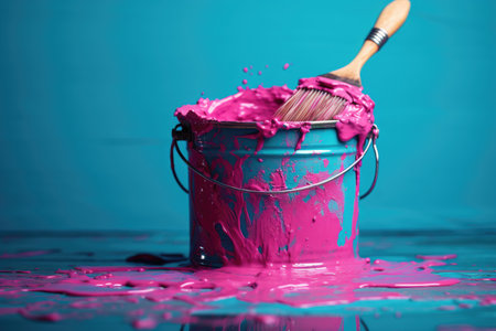 A brush in a large bucket with pink paint on a blue background. A creative concept.の素材