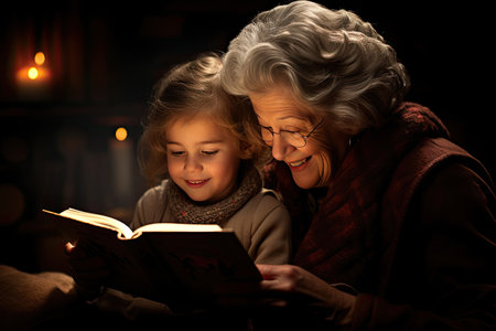 Grandma is looking at a children's book with her granddaughter. Taking care of grandchildren.の素材