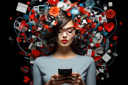 A big mess in the head of a girl with a phone in her hands. The concept of time management.の素材