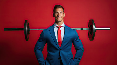 A happy man in a blue business suit and a heavy barbell. The concept of achievement and success.の素材