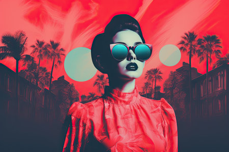 A girl with bright makeup in large glasses on an abstract tinted background. A collage of contemporary art.の素材