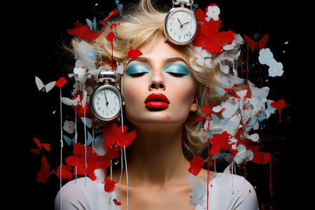 A beautiful girl with butterflies and a clock in her head. Collage. The concept of time management.の素材