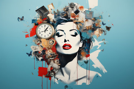 Hours and an infinite number of things in a girl's head. Collage. The concept of time management.の素材