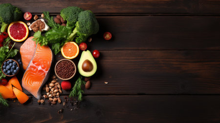 A set of fresh products for the keto diet on a dark wooden table. The concept of healthy eating.の素材