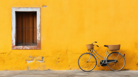 A bicycle with two baskets near the white wall of the house. The concept of a universal vehicle.の素材