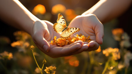 The hands of a girl with yellow flowers and a flying butterfly. Spring mood.の素材