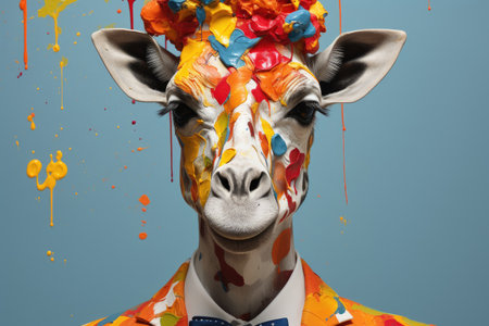 A giraffe stained with paint in a white shirt. A creative image.の素材