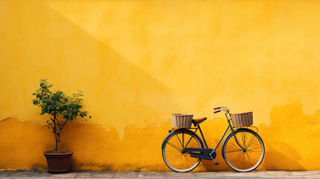 A bicycle with a wicker basket and a large potted plant at the yellow house. The concept of a universal vehicle.の素材
