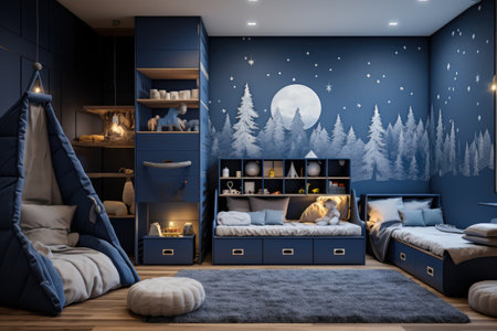 A beautiful children's room in dark blue tones. The design of the room.の素材