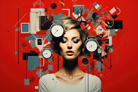 Watches and accessories levitating around the head of a beautiful girl. Collage. The concept of time management.の素材