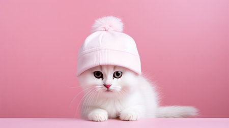 A beautiful white kitty in a knitted hat on a pink background. Favorite pets.の素材