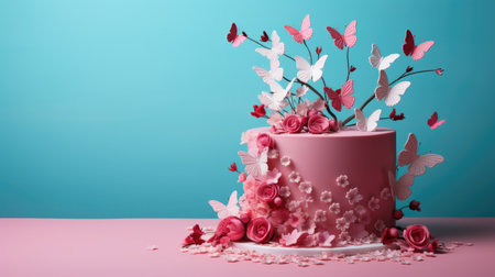 Pink cake with flowers and butterflies on a turquoise background. A festive treat.の素材
