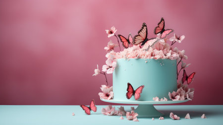 Beautiful turquoise cake with butterflies on a pink background. A festive treat.の素材