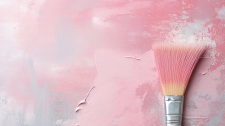 A wide brush on a canvas covered with pink paint. Creative background in gray and pink colors.の素材