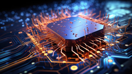 A large powerful processor connected to an electronic device. The concept of the center of the cyber universe.の素材