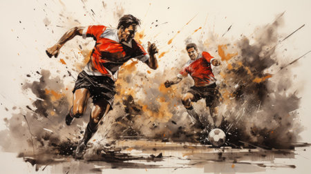 A watercolor image of the attack of football players on the opponent's goal. The football concept.の素材