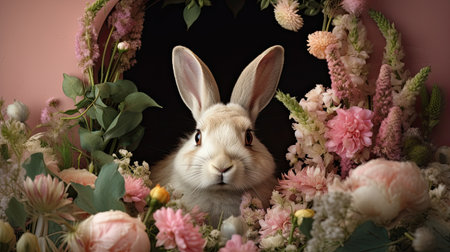An Easter bunny peeking out of a hole surrounded by a large number of flowers. Easter concept.の素材
