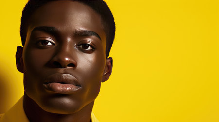 Portrait of a dark-skinned man on a bright yellow background. Brightness and beauty.の素材