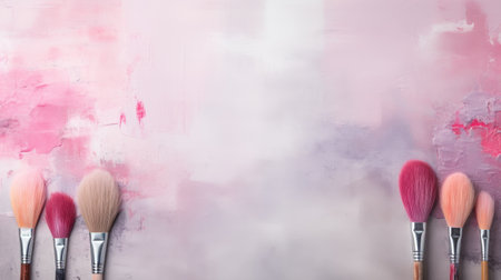 A set of brushes on canvas in gray-pink color. Creative background in gray and pink colors.の素材
