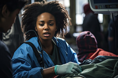 The doctor is trying to help a young girl in trouble. Emergency medical care.の素材