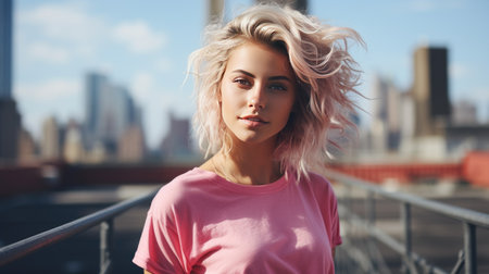 A blonde in a pink T-shirt against the backdrop of a big city. The concept of bright, stand-out people.の素材
