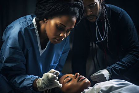 The doctor bent over a sick black woman. Emergency medical care.の素材