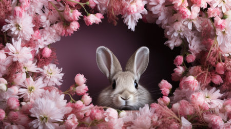 A gray Easter bunny in a frame of flowers. Easter concept.の素材