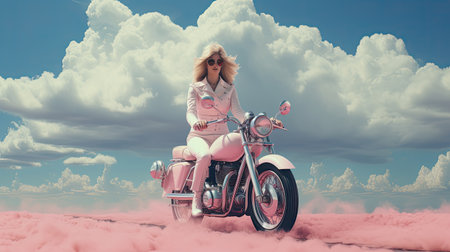 A girl on a retro motorcycle on an abstract background. Retro movie style.の素材