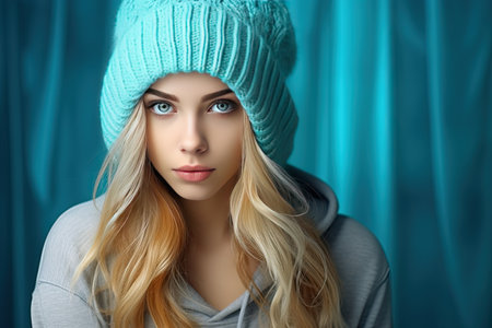 A girl in a turquoise hat on a blue background. The style of modern life.の素材