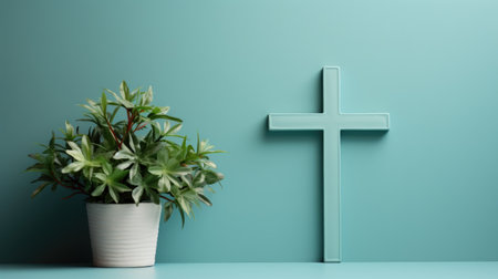 A plant and a Christian cross near a green wall.. A symbol of Christianity.の素材