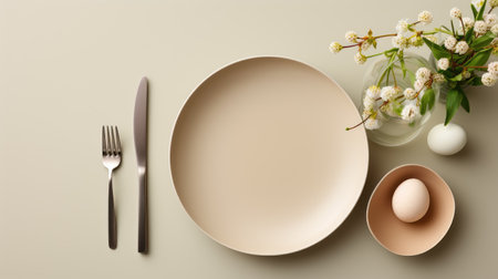 Beige dining items on a beige Easter table. A place for your text.の素材