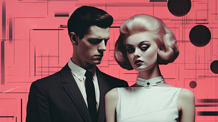 Stylishly dressed man and woman on an abstract background. The cinematic concept is retro style.の素材
