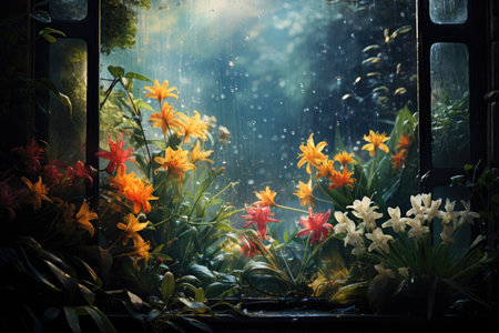 An extraordinarily beautiful blooming garden during the April rain. Hello summer! Spring concept.の素材