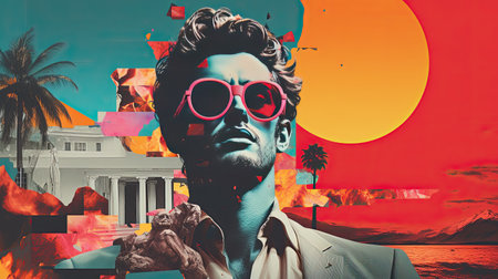Collage of a man in bright glasses on a bright abstract background. The cinematic concept is retro style.の素材