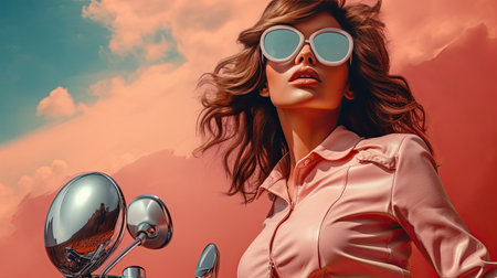 A girl with a motorcycle in a pink suit on a tinted pink background. Retro movie style.の素材