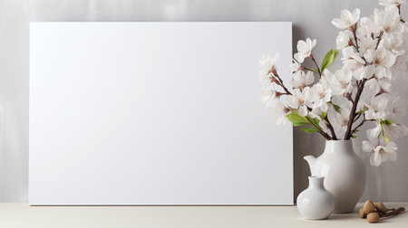 A large white canvas and a flowering branch in a jug. Spring sale. The banner.の素材