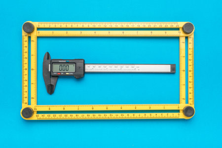 Universal measuring ruler and electronic vernier caliper on a blue background. A tool for accurate measurement of dimensions.の写真素材