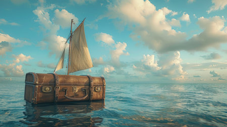 An old suitcase sailing on the sea. The concept of vacation and travel.の素材