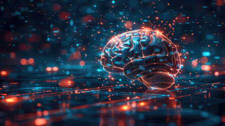 A glowing human brain connected to the metaverse. The concept of the metaverse.の素材