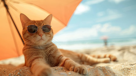 A red-haired cat with glasses under an umbrella on the beach. Hello summer!の素材